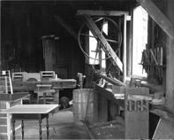 SA1709 - Interior of woodworking shop with table, bench, tools, etc. Identified on the back., Winterthur Shaker Photograph and Post Card Collection 1851 to 1921c